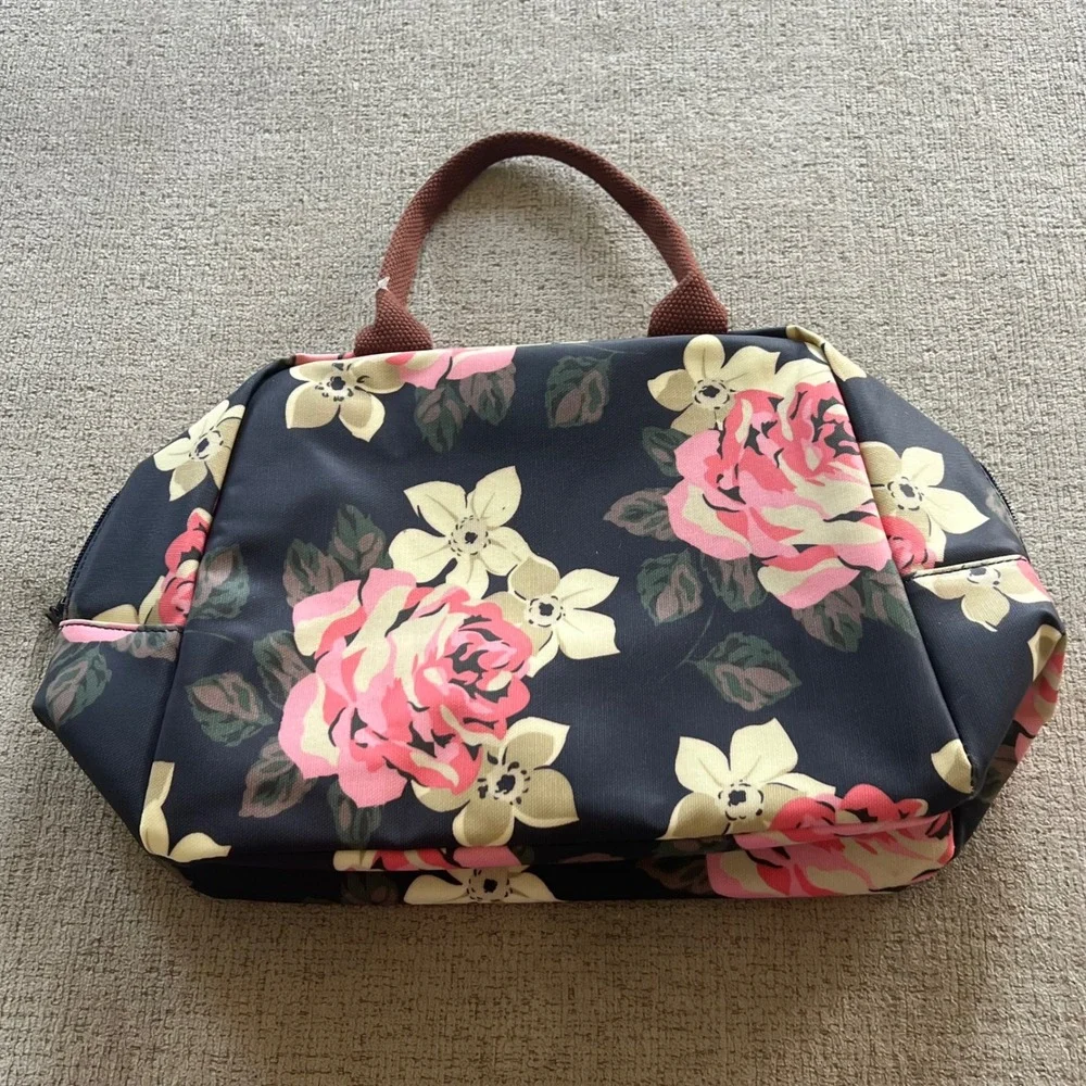 Lokass Floral Insulated Lunch Bag Navy Pink Rose Print Tote Handbag NEW